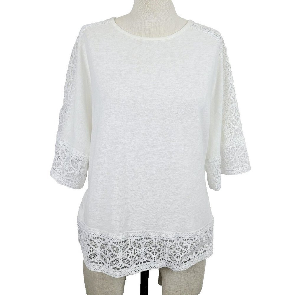 Sundance Top XS Ivory White Linen Blend Knit Lace Trim Short Sleeve Pull…
